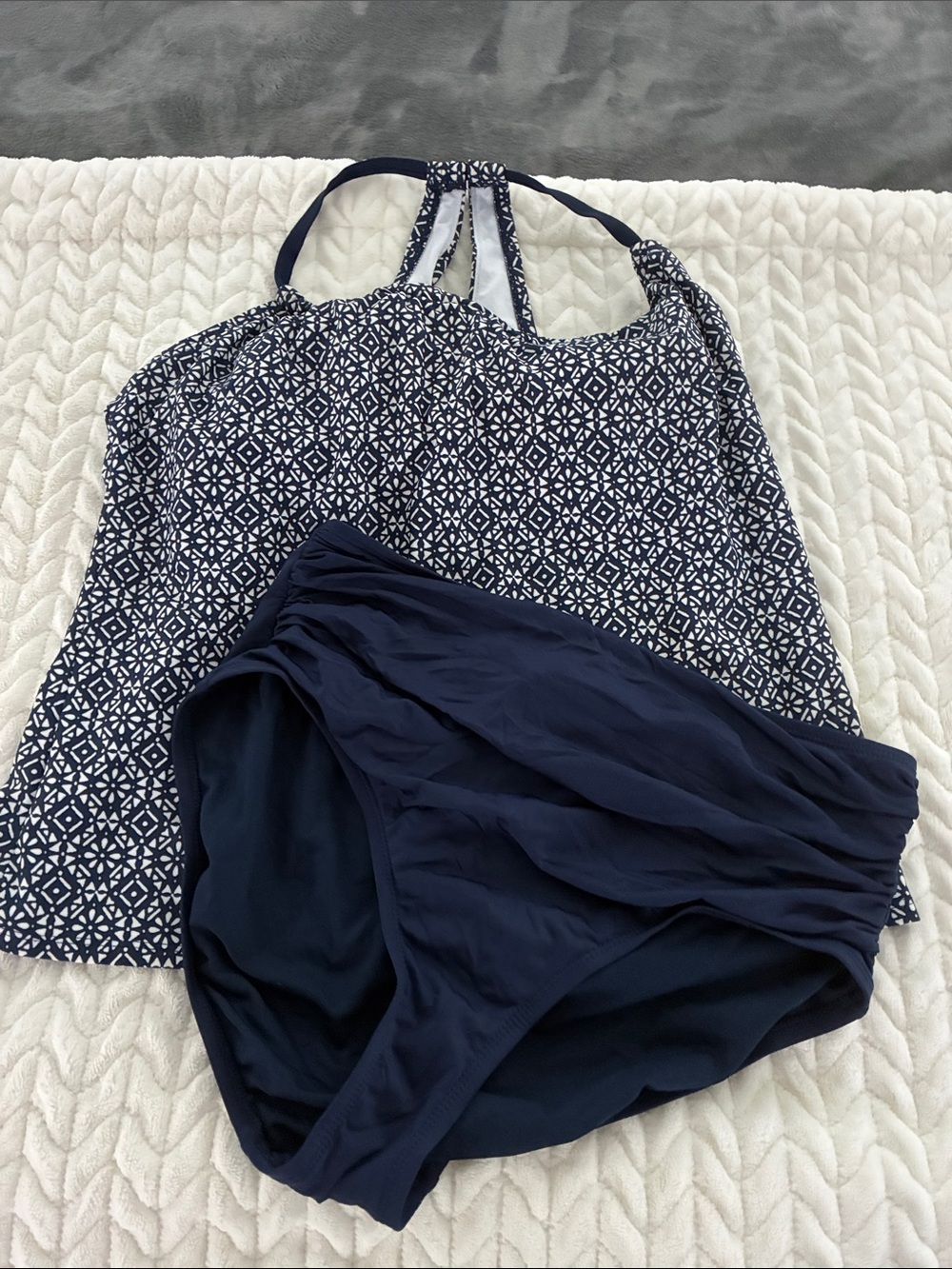 Navy Blue Two-Piece Tankini Set - Printed Top & Solid Bottom